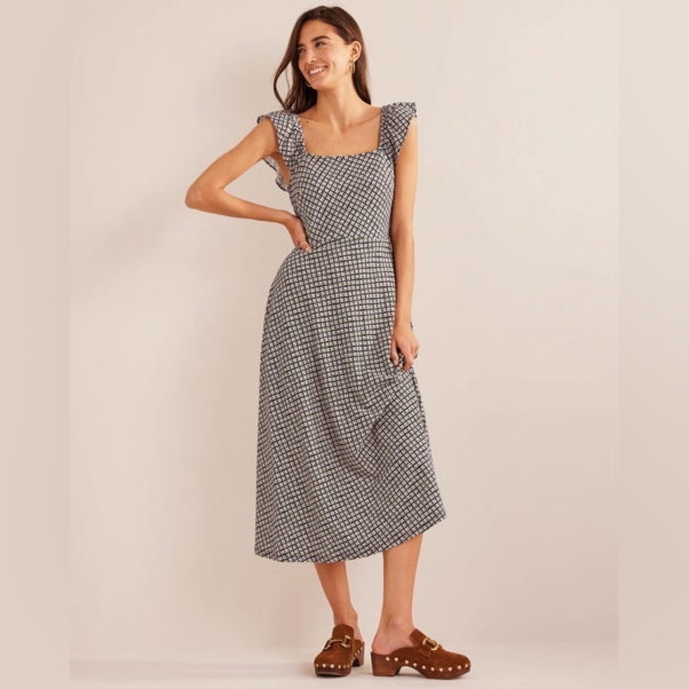 Boden Frill Detail Jersey Midi Dress Petite Black Bloom Bud Floral NWT